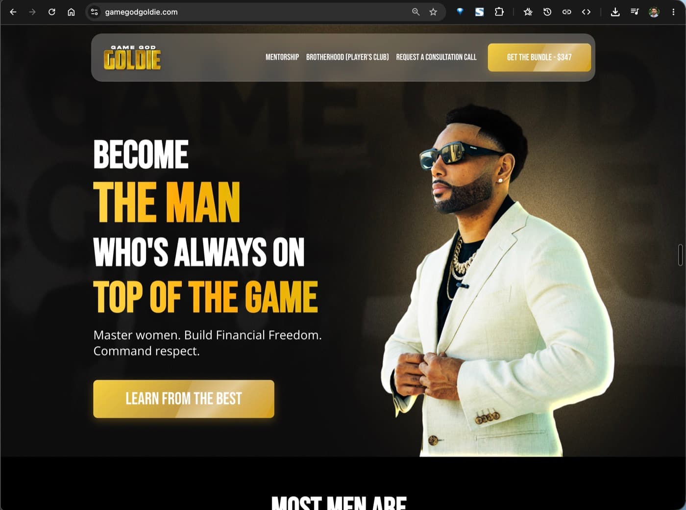 Game God Goldie homepage showing navigation links for mentorship, Brotherhood, consultation call, and bundle.