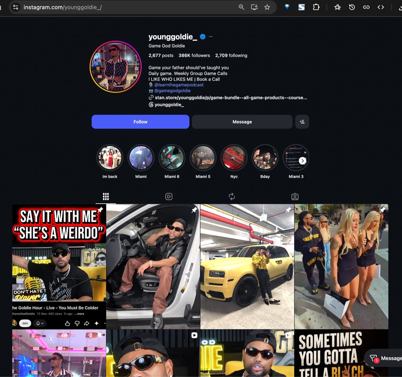 Instagram profile for younggoldie showing follower count and a Stan Store product link.