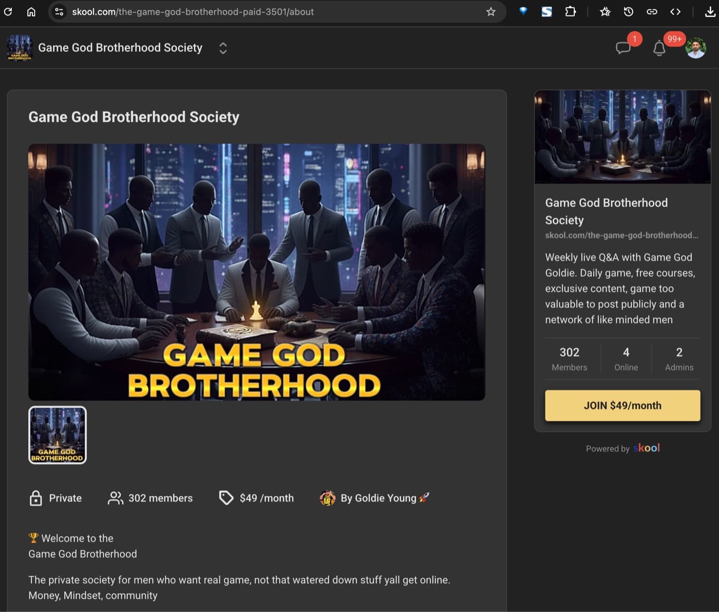Skool listing for Game God Brotherhood Society showing members, price, and join button.