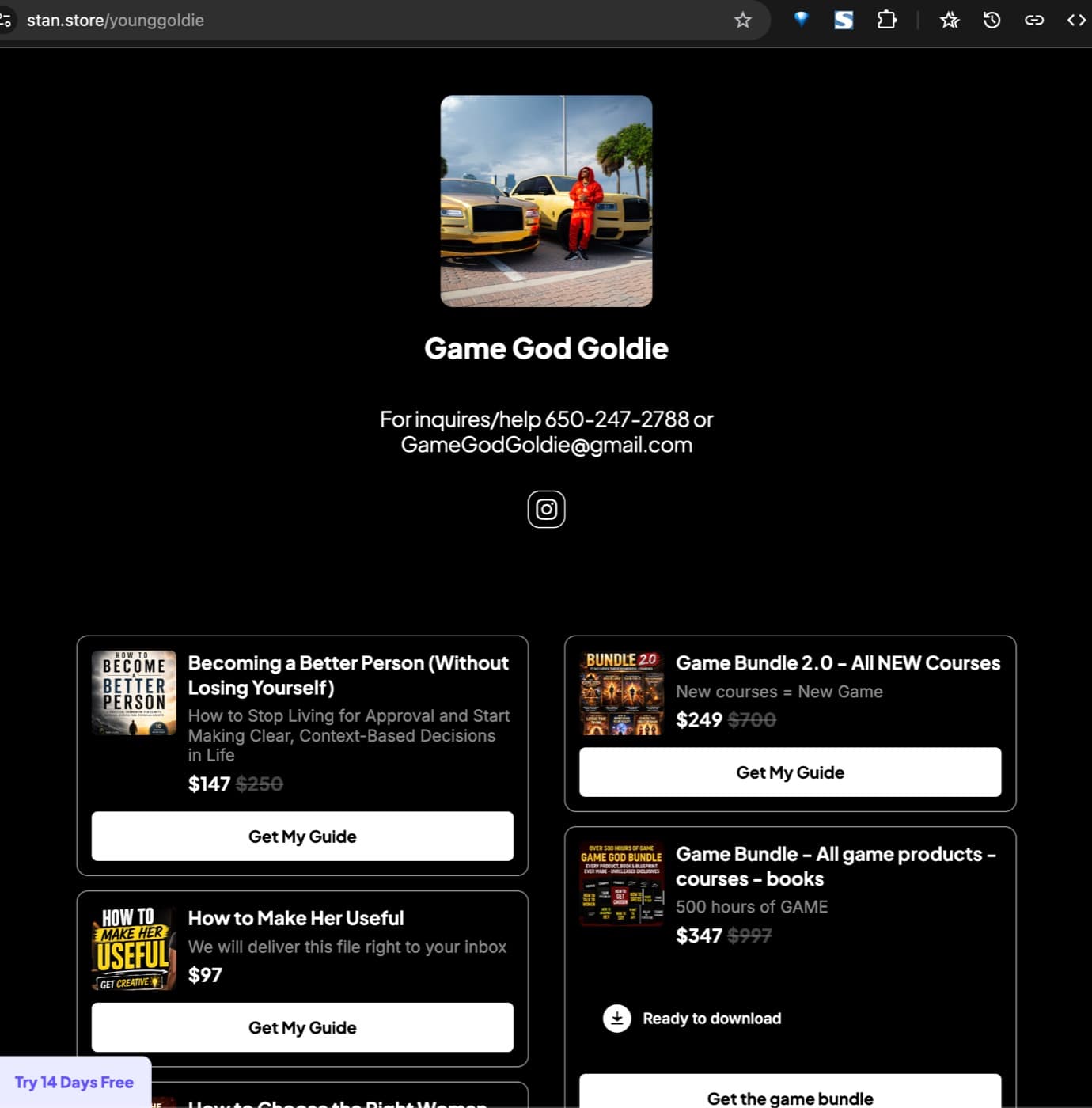 Stan Store page showing Game God Goldie products and pricing.